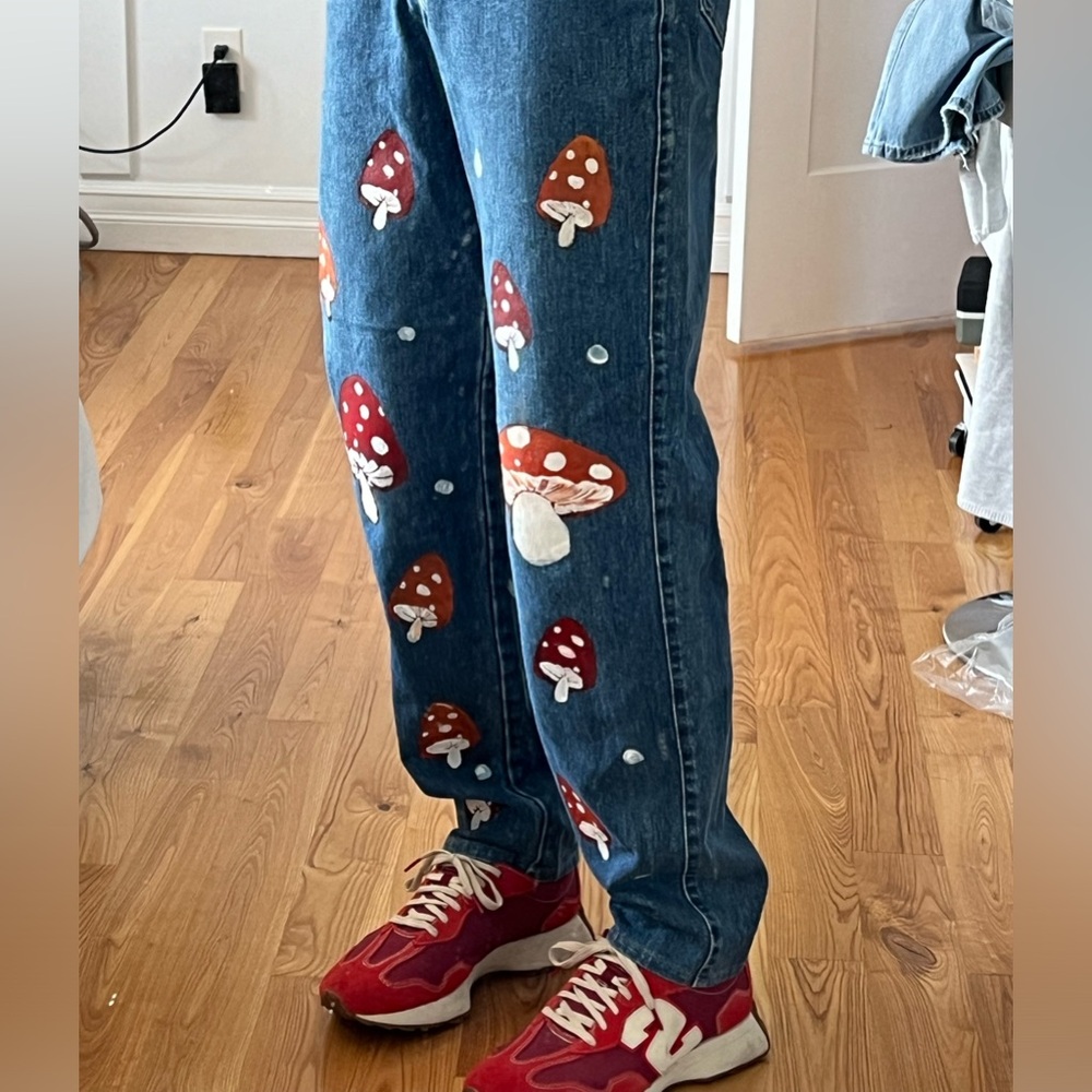 Hand-Painted Mushroom Jeans